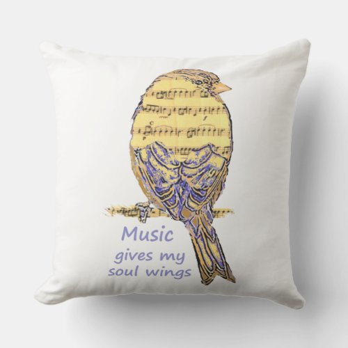 Music Gives my Soul Wings Inspirational Quote Bird Throw Pillow