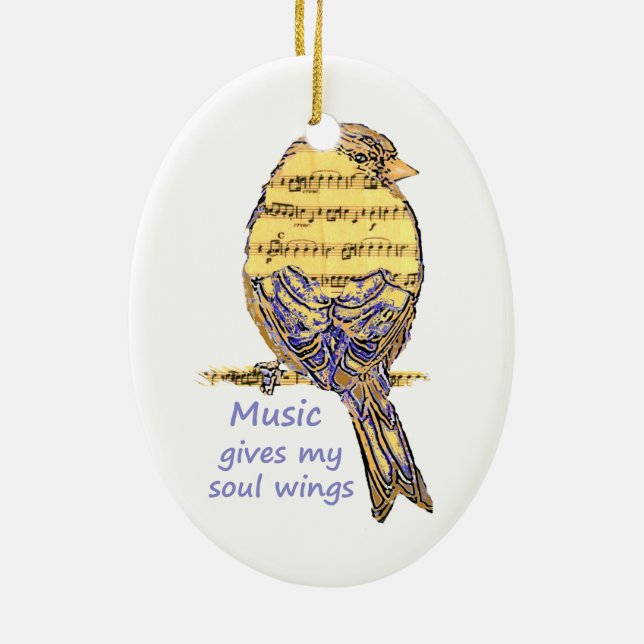 Music Gives my Soul Wings Quote & Bird Art Ceramic Ornament (Back)