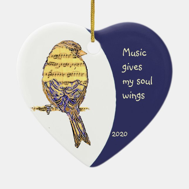 Music  gives my soul wings Quote Music Note Bird Ceramic Ornament (Back)