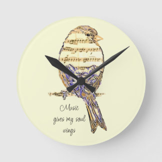 Music gives my soul wings Sparrow Bird Round Clock