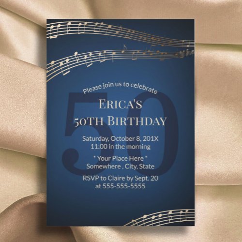 Music Gold  Navy Blue 50th Birthday Party Invitation