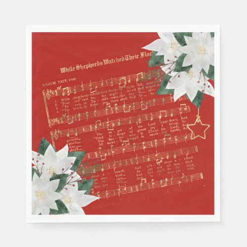 Music Gold White Poinsettia Hymn Christmas Napkins