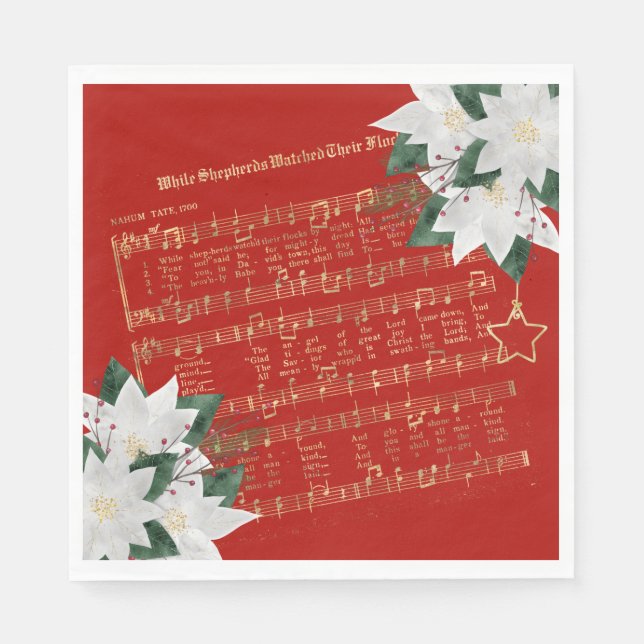 Music Gold White Poinsettia Hymn Christmas Napkins (Front)