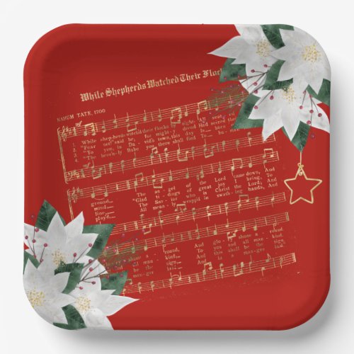 Music Gold White Poinsettia Hymn Christmas Paper Plates