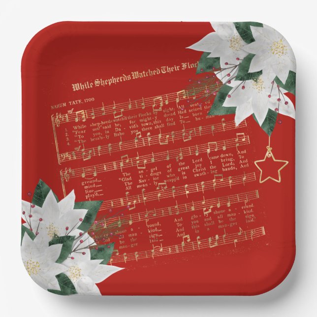Music Gold White Poinsettia Hymn Christmas Paper Plates (Front)