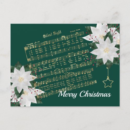 Music Gold White Poinsettia Silent Night Christmas Holiday Postcard