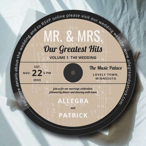 Music Greatest Hits Retro Vintage Ecru Wedding Invitation