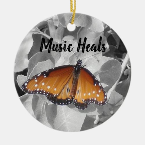Music Heals Orange Monarch Butterfly Musician Ceramic Ornament