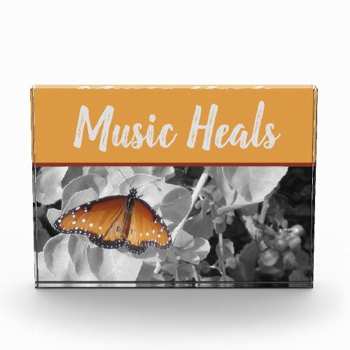 Music Heals Orange Monarch Butterfly Musician Photo Block