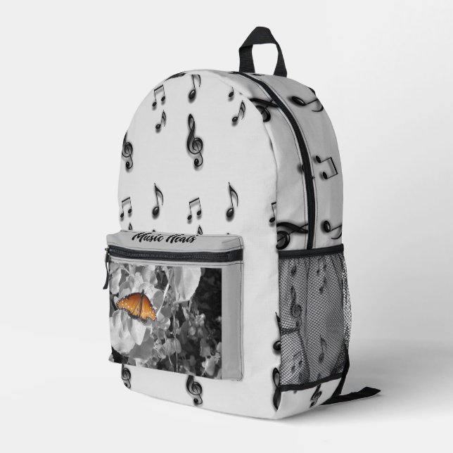 Music Heals Orange Monarch Butterfly Musician Printed Backpack (Back Corner Right)