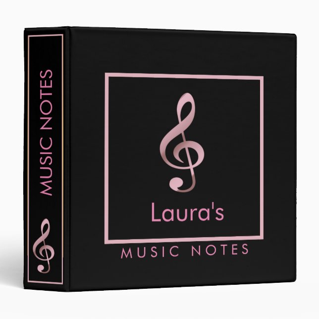 Music Heart Monogram Black Rose Gold 3 Ring Binder (Front/Spine)
