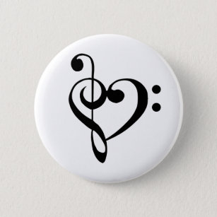 Music Heart Treble Bass Clef Heart - Black Button