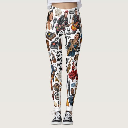 Music History &amp; Genres Collage Art - Retro, Punk,  Leggings