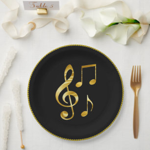 Music icons, gold circle on black, paper plates