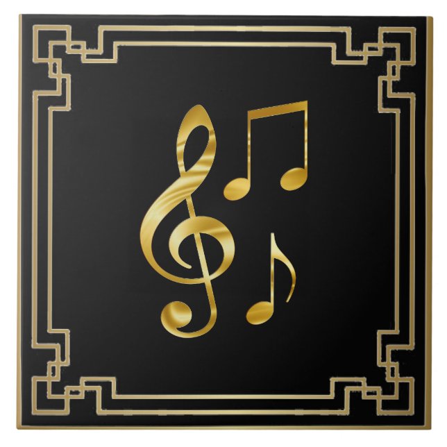Music icons, gold on black, ceramic tile (Front)