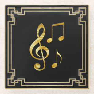 Music icons, gold on black, glass coaster