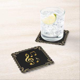 Music icons, gold on black, paper coaster