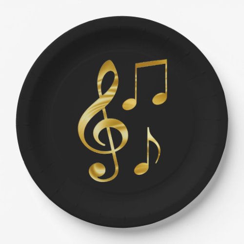 Music icons gold on black paper plates