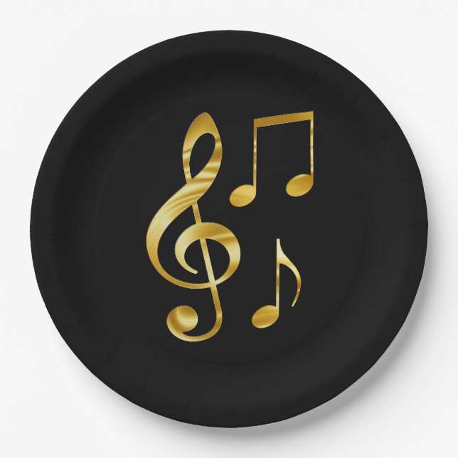 Music icons, gold on black, paper plates (Front)