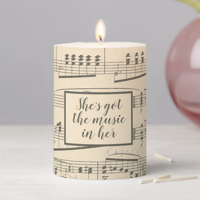Music in Her Vintage Sheet Music Pillar Candle (In Situ)