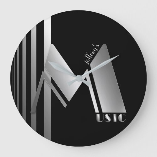 Music in Jazzy Art Deco Silver Large Clock