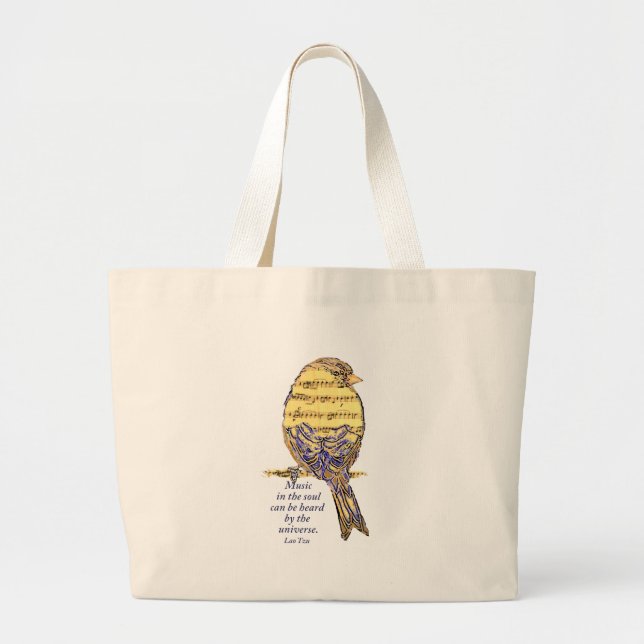 Music in the Soul Quote & Music Note Bird Large Tote Bag (Front)