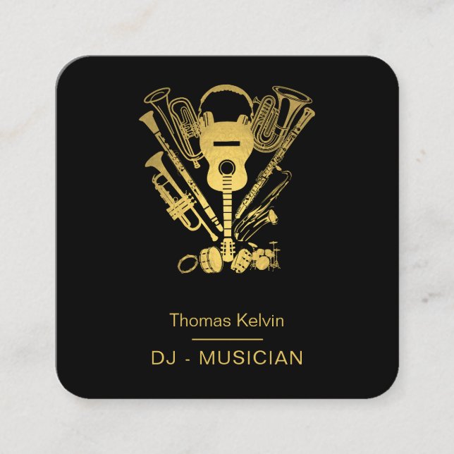  Music Instruments Event Organizer DJs Black Gold Square Business Card (Front)