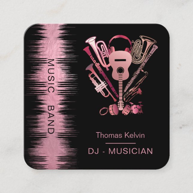  Music Instruments Event Organizer DJs Rose gold Square Business Card (Front)
