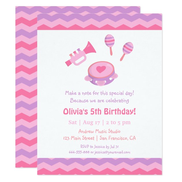 Music Instruments Girls Birthday Party Invitations