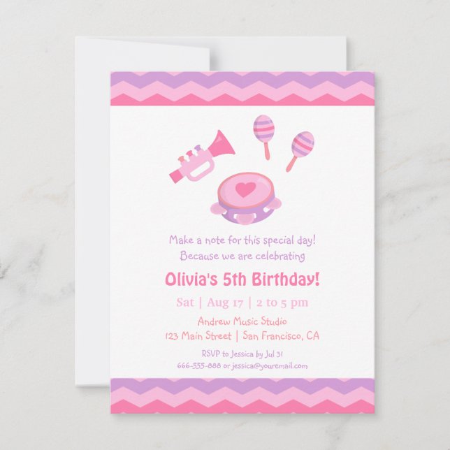 Music Instruments Girls Birthday Party Invitations (Front)
