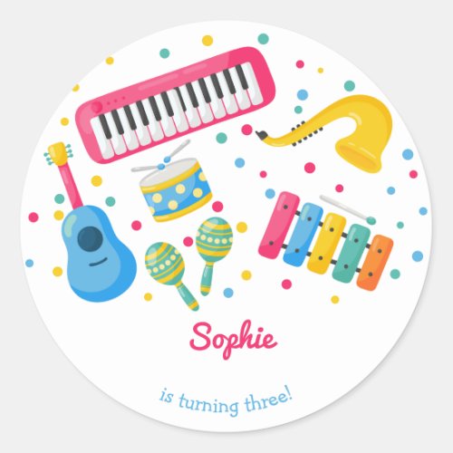 Music instruments kids birthday classic round sticker