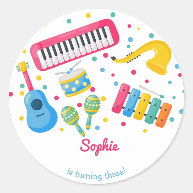 Music instruments kids birthday classic round sticker (Front)