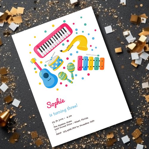 Music instruments kids birthday invitation
