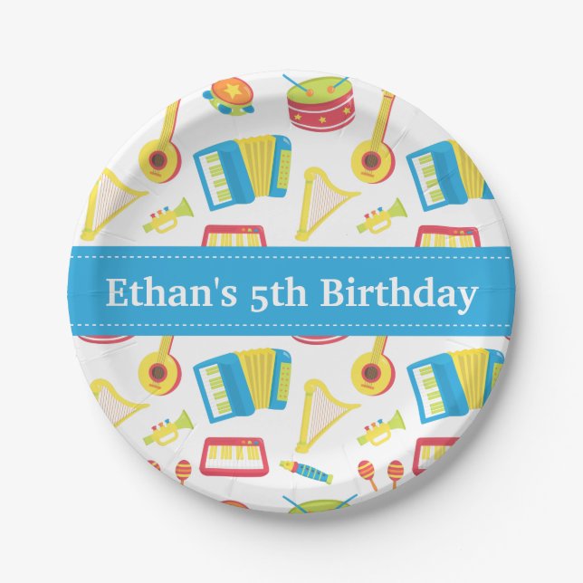 Music Instruments Kids Birthday Party Blue Banner Paper Plates (Front)