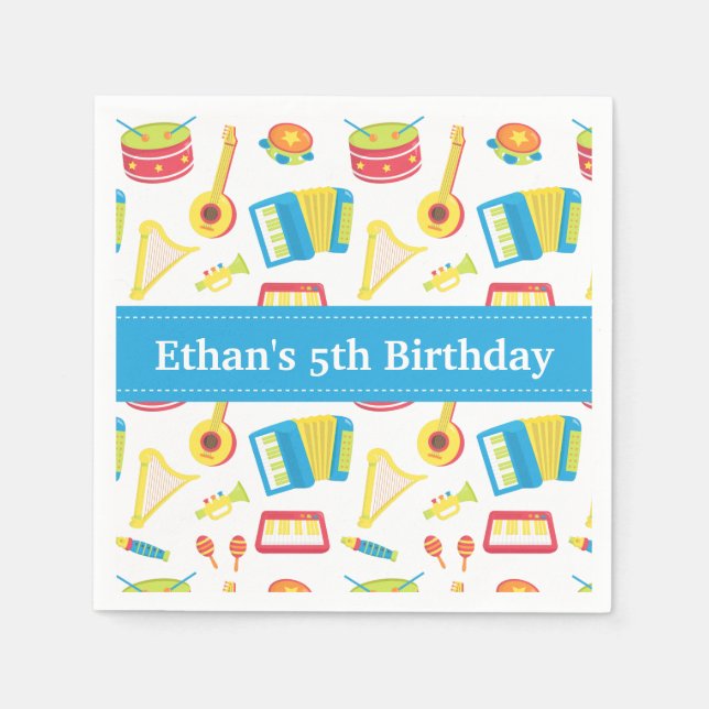 Music Instruments Kids Birthday Party Blue Custom Napkins (Front)