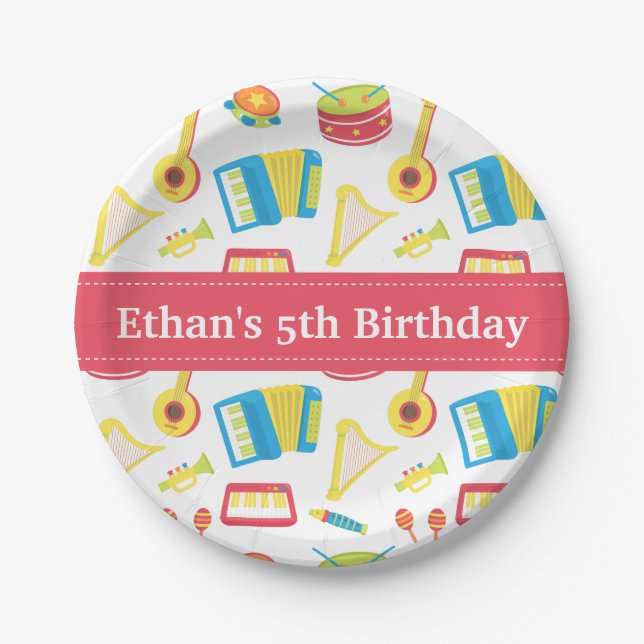 Music Instruments Pattern Kids Birthday Party Paper Plates (Front)