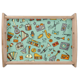Music instruments, vintage sketch pattern. serving tray