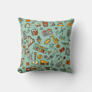 Music instruments, vintage sketch pattern. throw pillow