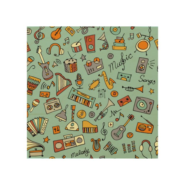 Music instruments, vintage sketch pattern. wood wall art (Front)