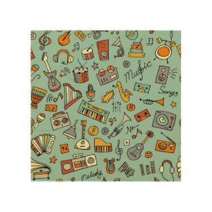 Music instruments, vintage sketch pattern. wood wall art