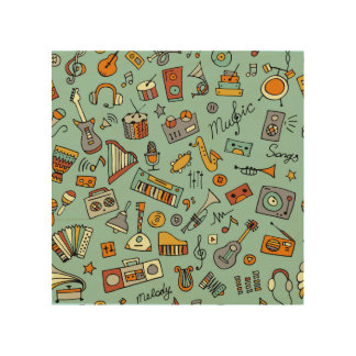 Music instruments, vintage sketch pattern. wood wall art