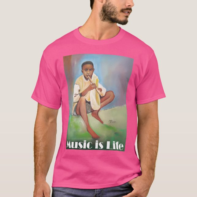 Music Is Life - Boy Playing Flute T-Shirt (Front)