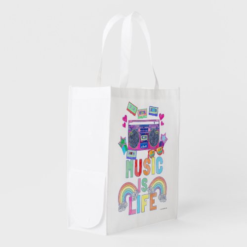 Music is Life Epic Slogan Fun Colorful Art Design Reusable Grocery Bag