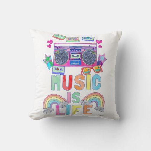 Music Is Life Fun Retro Music Cartoon Slogan Throw Pillow