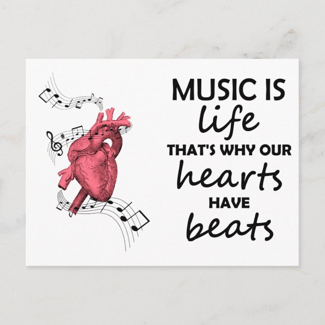 Music is Life, Heart Print, Music Quote, Music Postcard (Front)