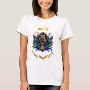 "Music Is My Boyfriend – Retro Mic & Peacock Desig T-Shirt