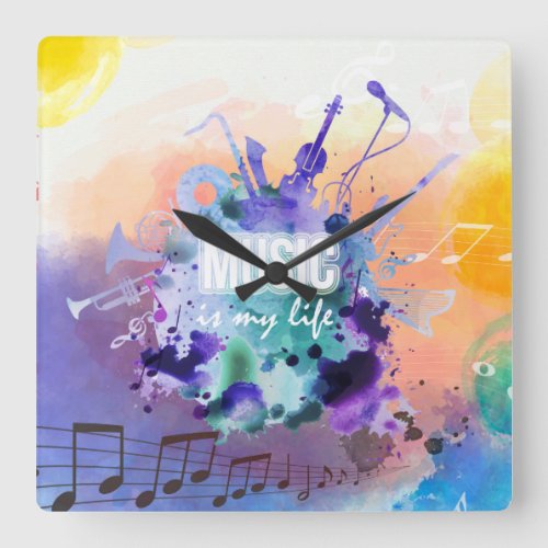 Music Is My Life Illustration Square Wall Clock