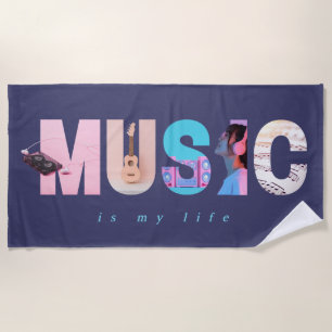 Music Is My Life Retro Y2K Tech Gamer Purple Beach Towel