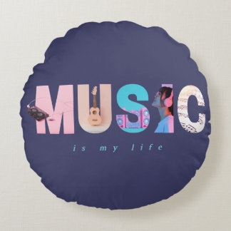 Music Is My Life Retro Y2K Tech Gamer Purple Round Pillow