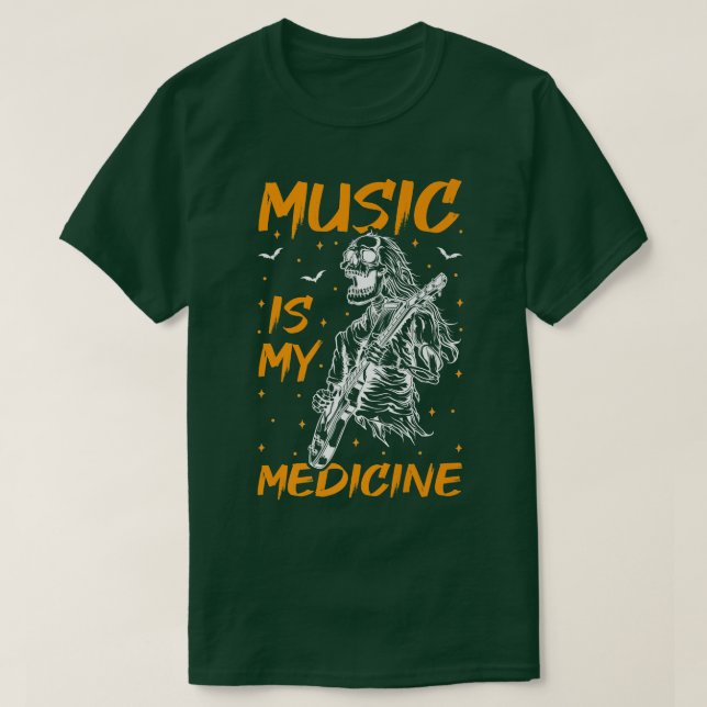 Music Is My Medicine Skeleton Playing Guitar Hallo T-Shirt (Design Front)